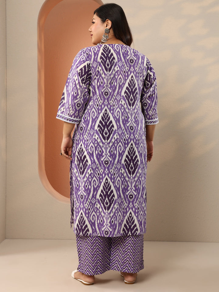 Plus Size Lavender Printed Cotton Straight Kurta Set