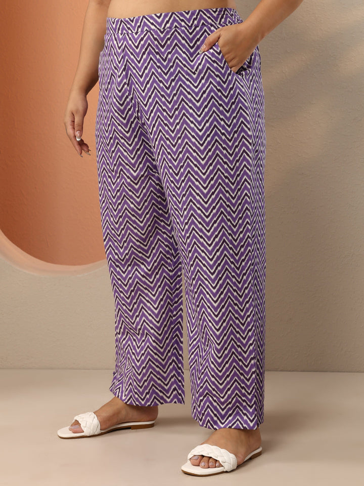 Plus Size Lavender Printed Cotton Straight Kurta Set
