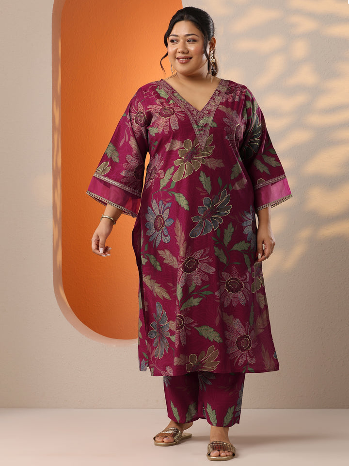 Plus Size Maroon Printed Silk Blend Co-Ord Set