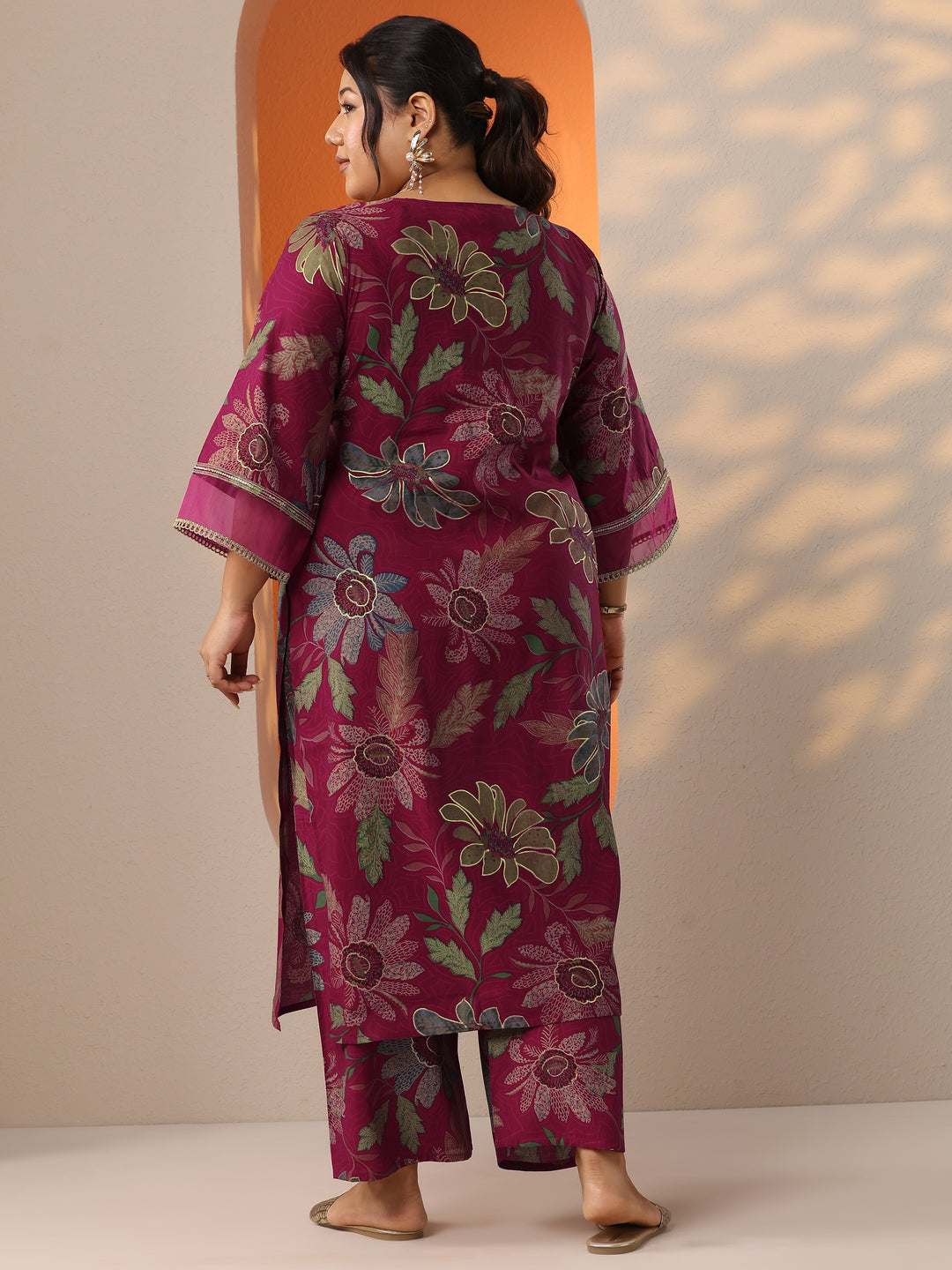 Plus Size Maroon Printed Silk Blend Co-Ord Set