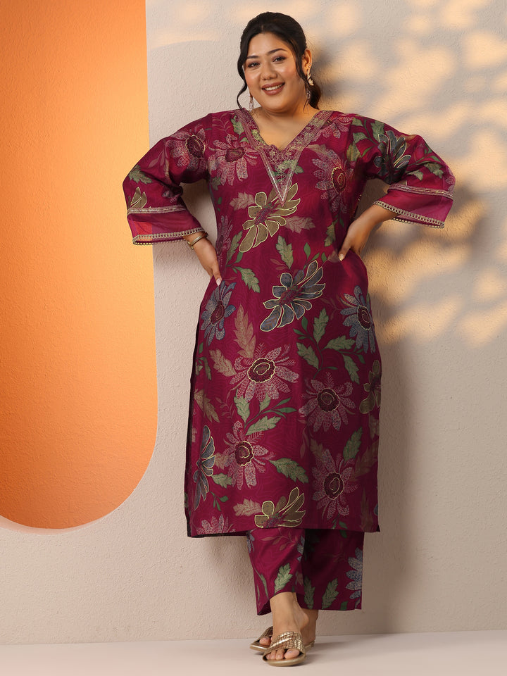 Plus Size Maroon Printed Silk Blend Co-Ord Set