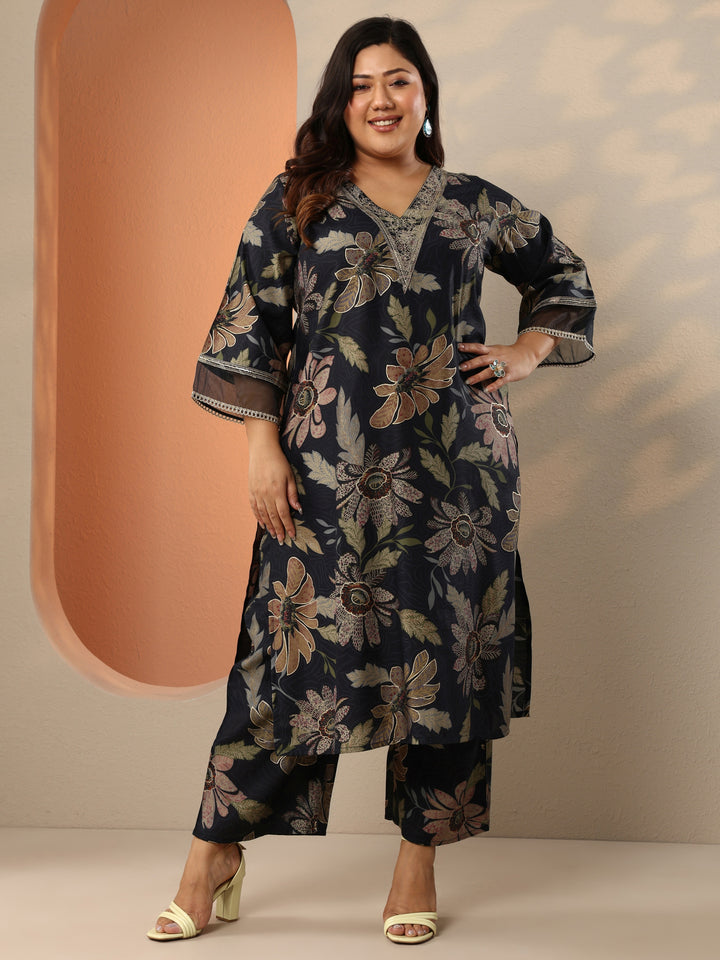 Plus Size Black Printed Silk Blend Straight Kurta Set