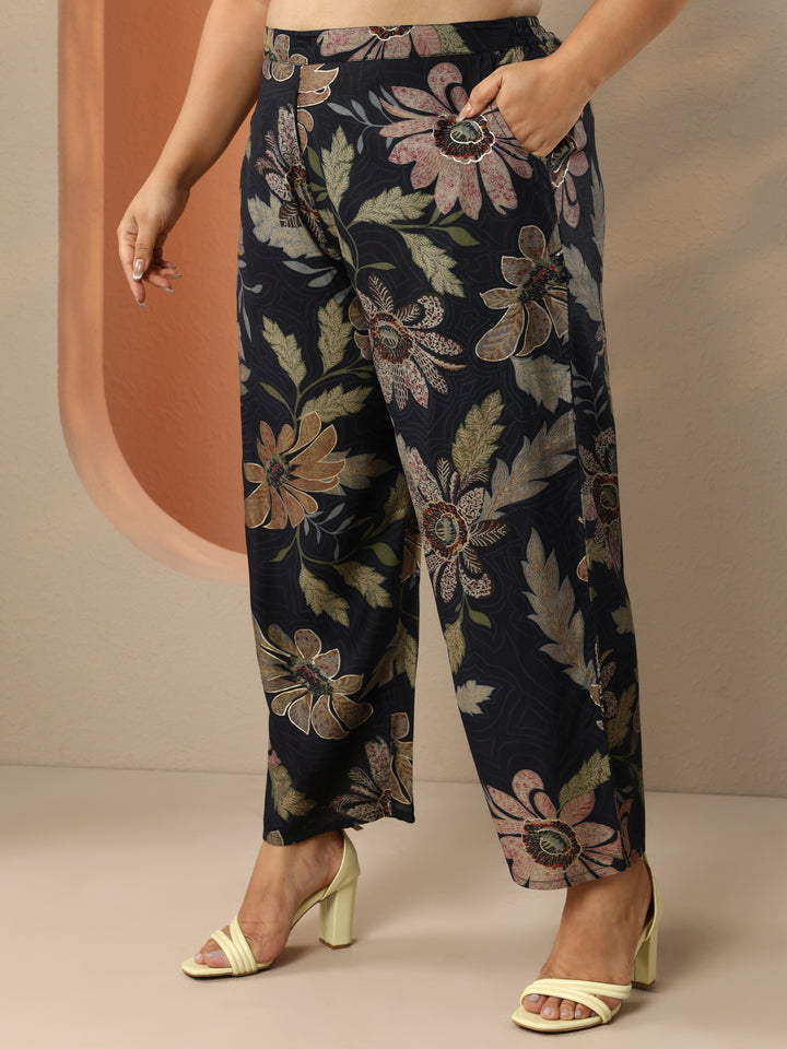 Plus Size Black Printed Silk Blend Straight Kurta Set