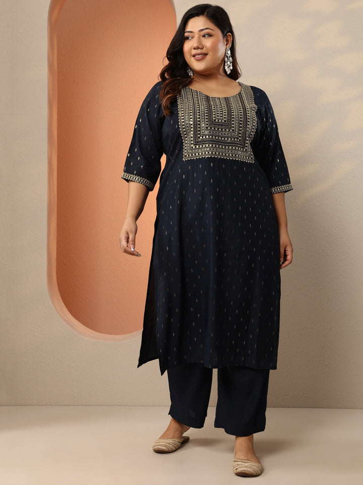 Plus Size Navy Blue Embellished Silk Blend Straight Kurta Set