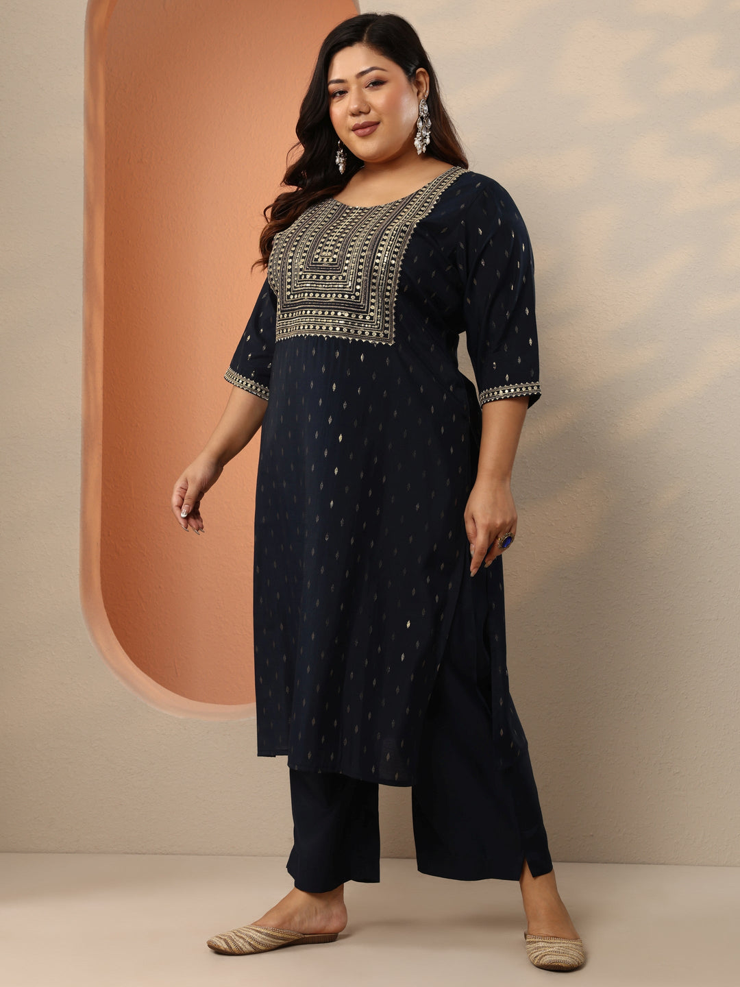 Plus Size Navy Blue Embellished Silk Blend Straight Kurta Set
