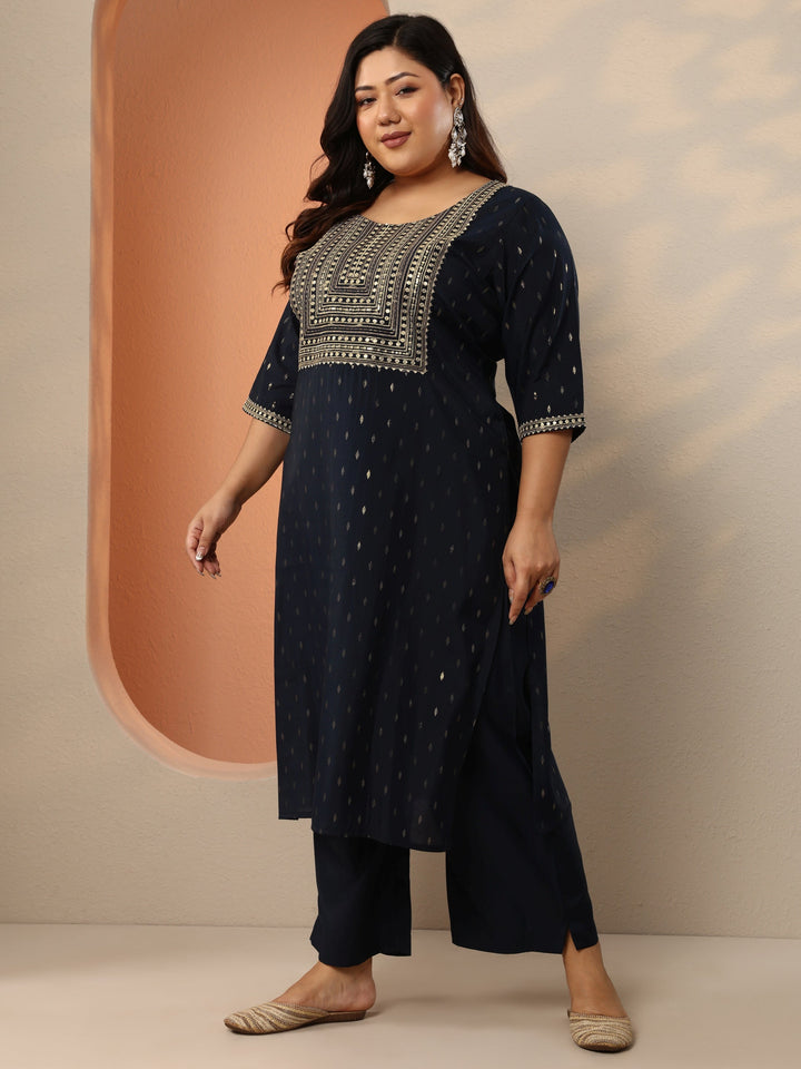 Plus Size Navy Blue Embellished Silk Blend Straight Kurta Set
