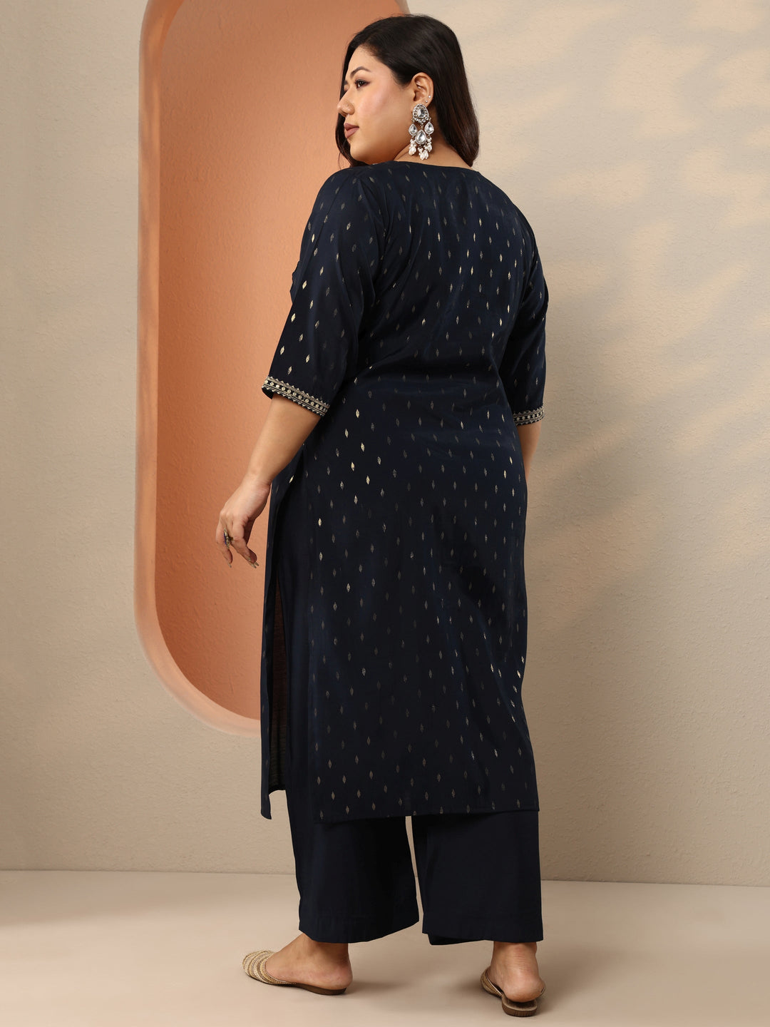 Plus Size Navy Blue Embellished Silk Blend Straight Kurta Set