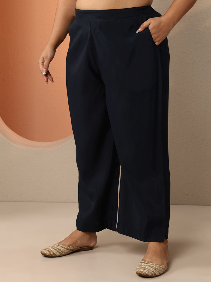 Plus Size Navy Blue Embellished Silk Blend Straight Kurta Set