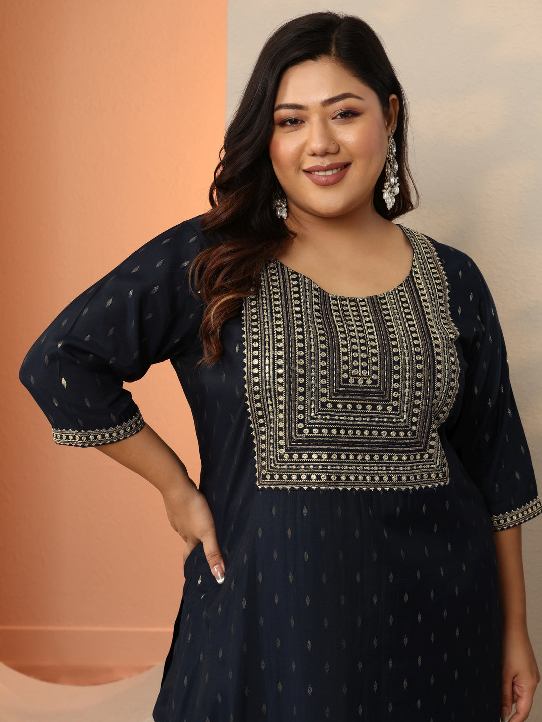 Plus Size Navy Blue Embellished Silk Blend Straight Kurta Set