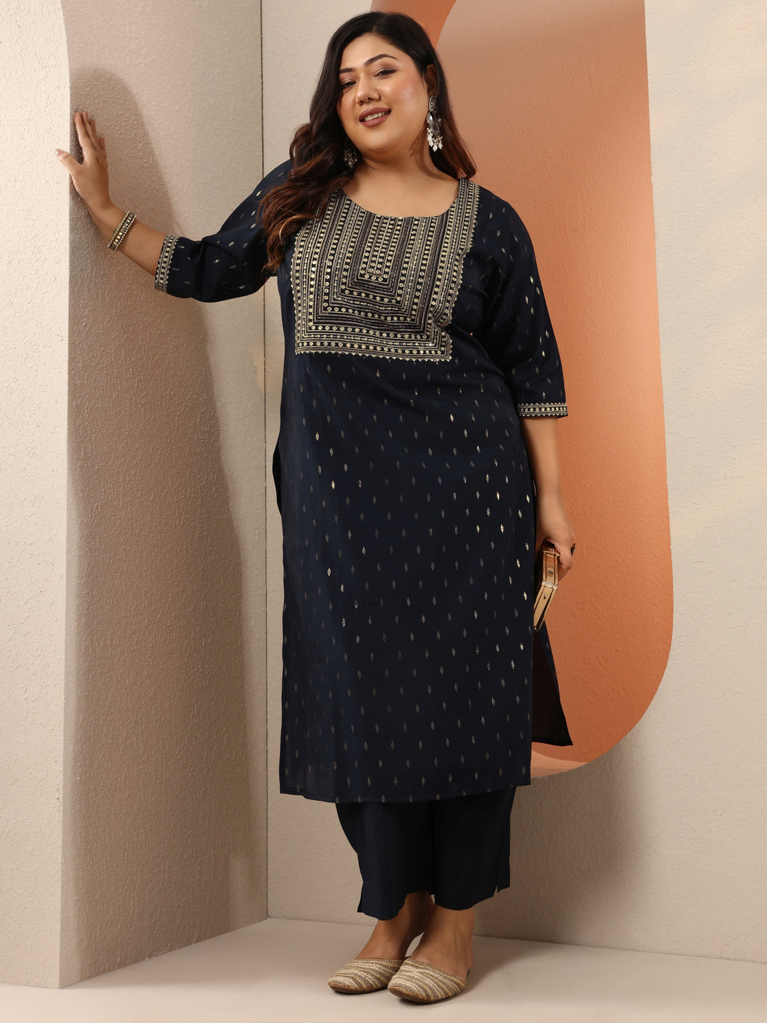 Plus Size Navy Blue Embellished Silk Blend Straight Kurta Set