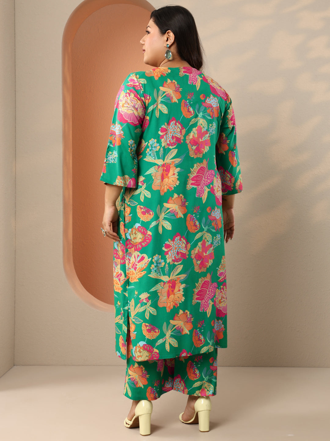 Plus Size Green Printed Rayon Straight Co-Ord Set