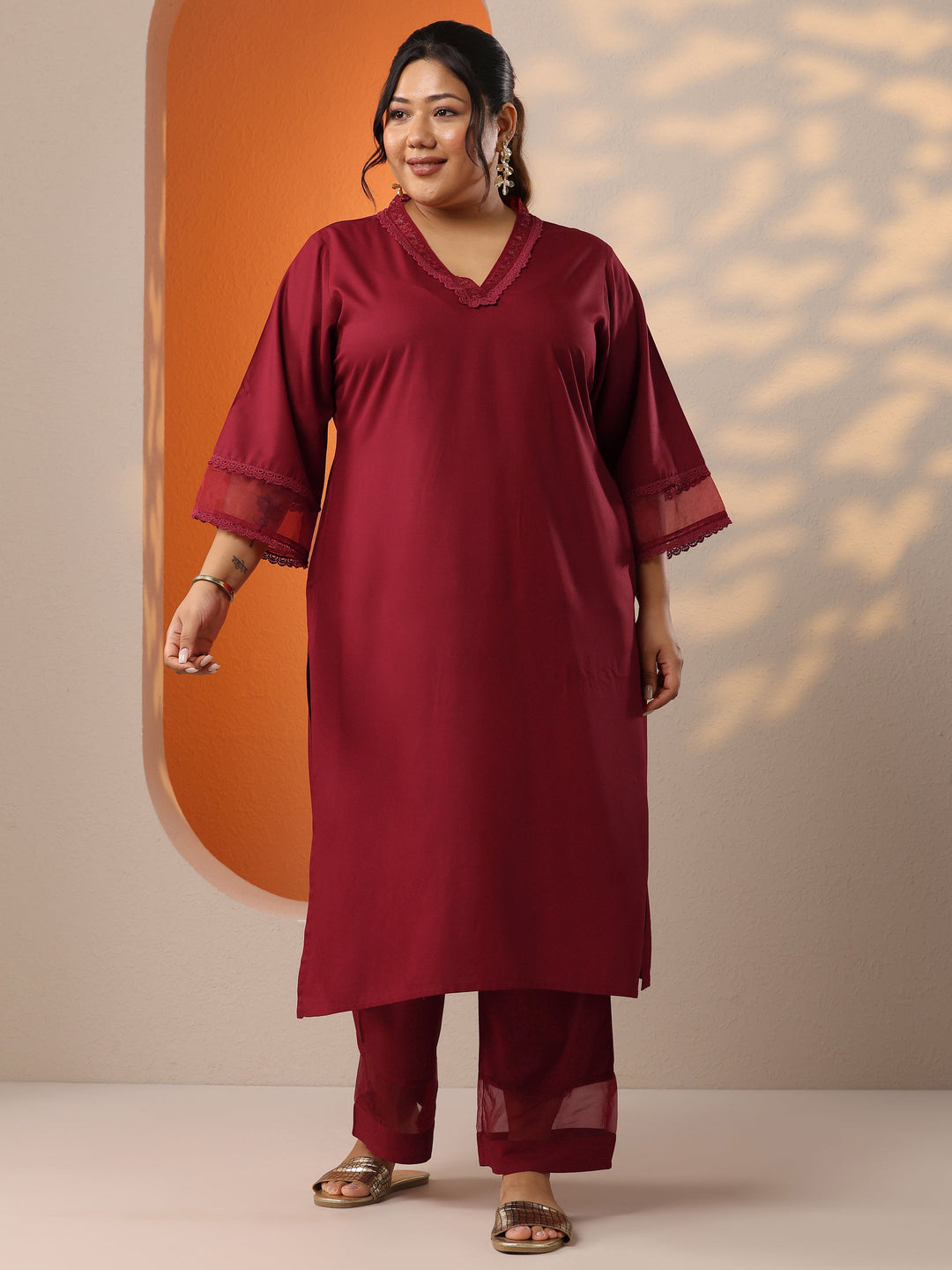 Plus Size Maroon Embellished Rayon Co-Ord Sets