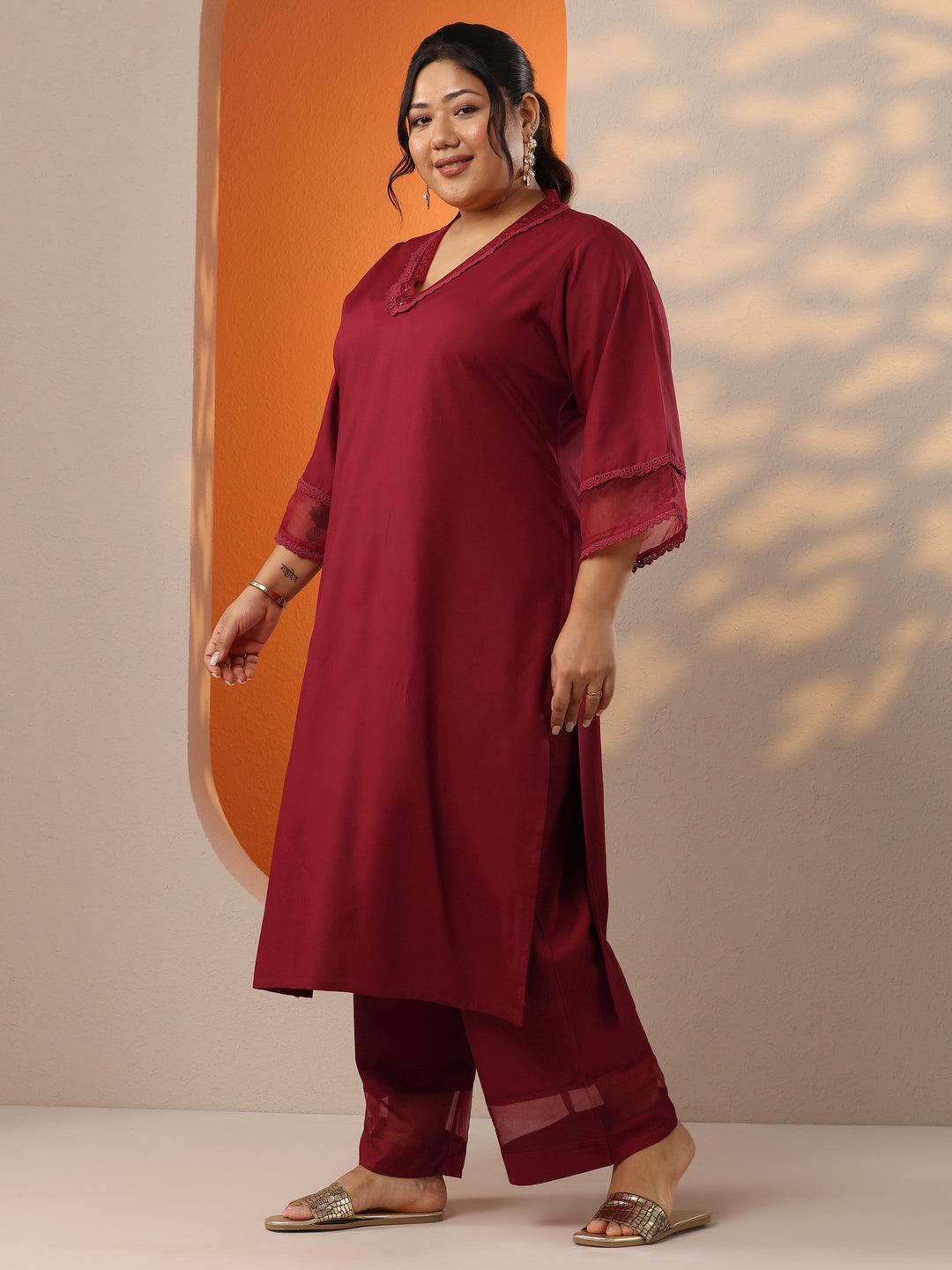 Plus Size Maroon Embellished Rayon Co-Ord Sets
