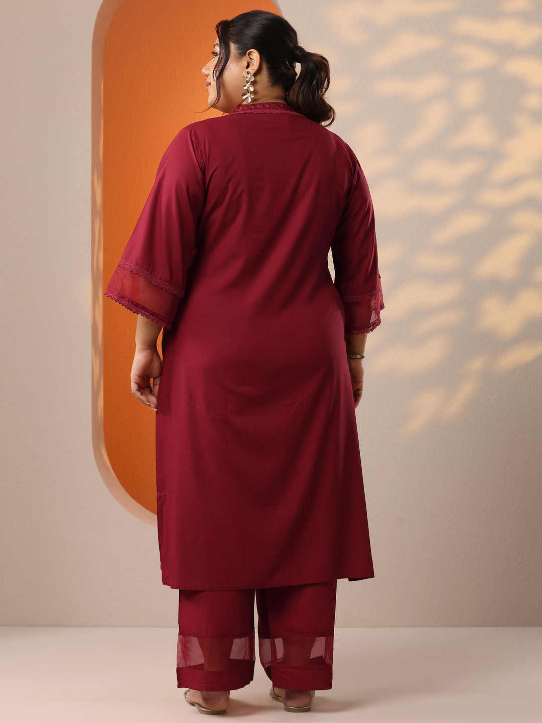 Plus Size Maroon Embellished Rayon Co-Ord Sets