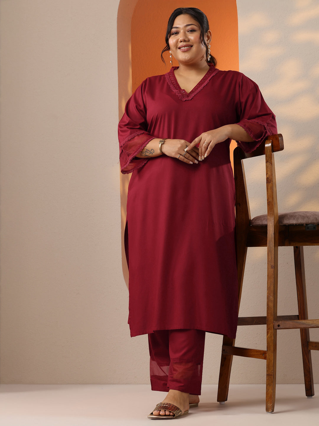Plus Size Maroon Embellished Rayon Co-Ord Sets