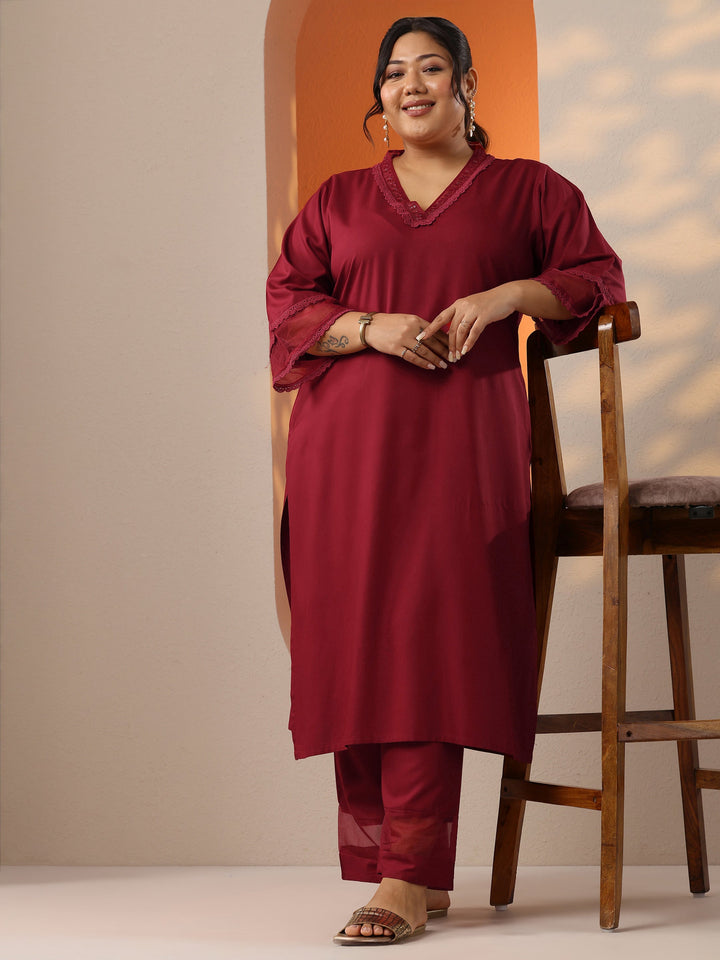 Plus Size Maroon Embellished Rayon Co-Ord Sets