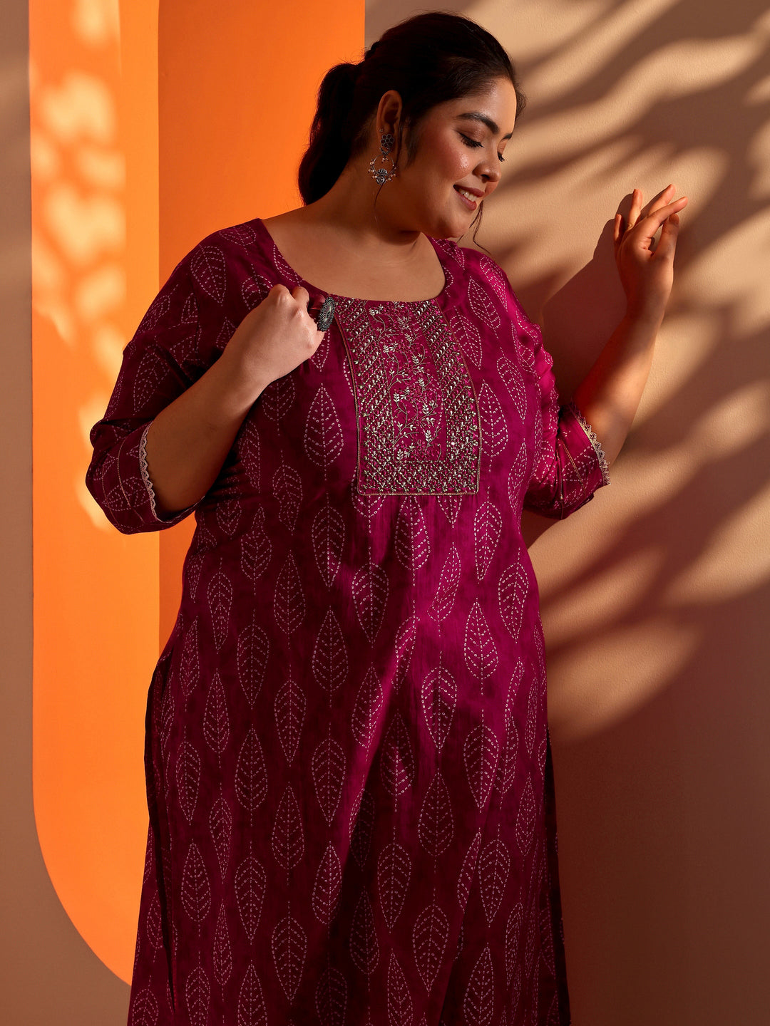 Plus Size Pink Printed Cotton Straight Kurta Set