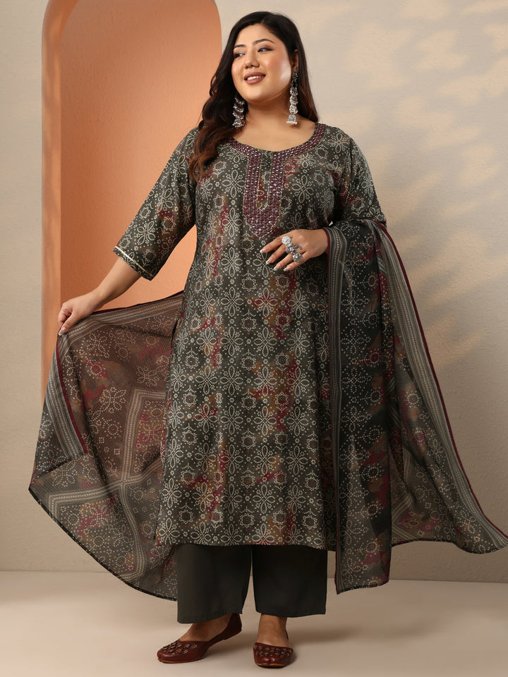 Plus Size Grey Printed Silk Blend Straight Suit Set With Dupatta