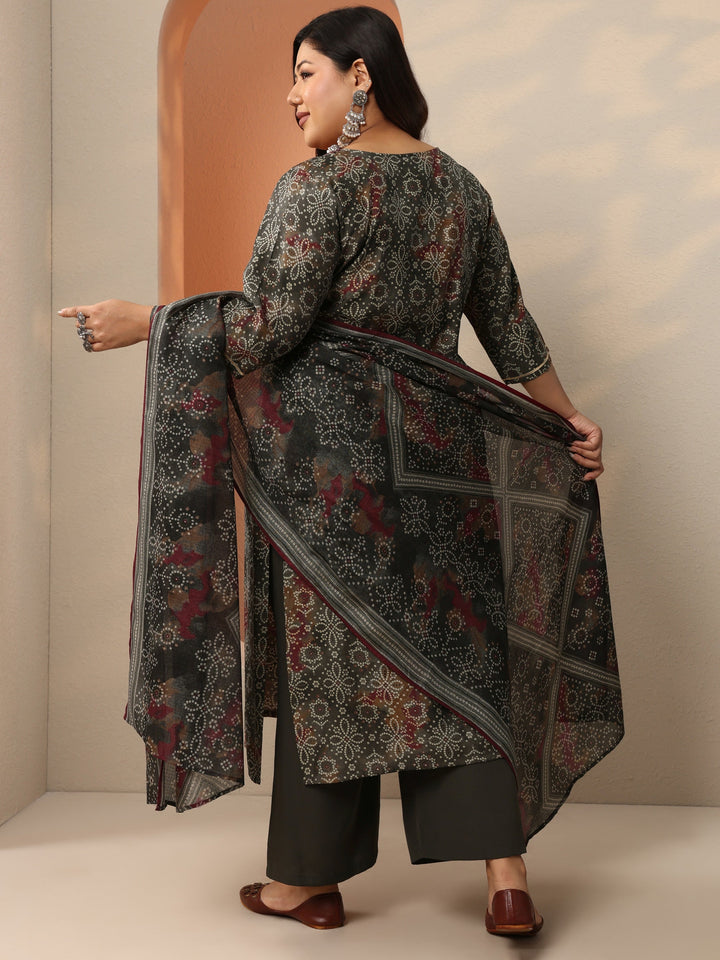 Plus Size Grey Printed Silk Blend Straight Suit Set With Dupatta