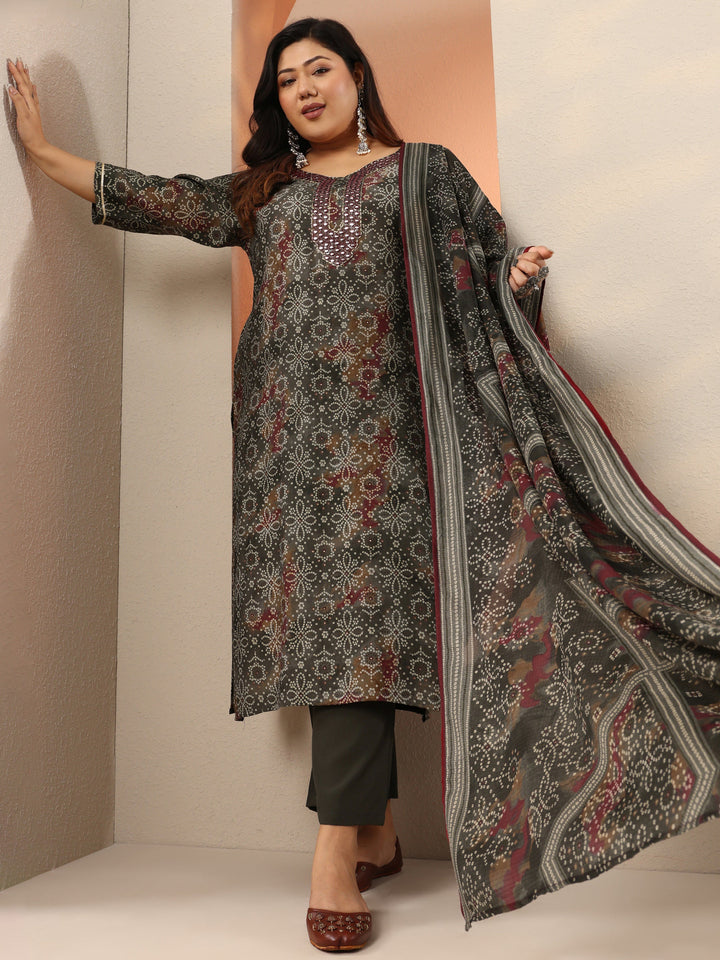 Plus Size Grey Printed Silk Blend Straight Suit Set With Dupatta