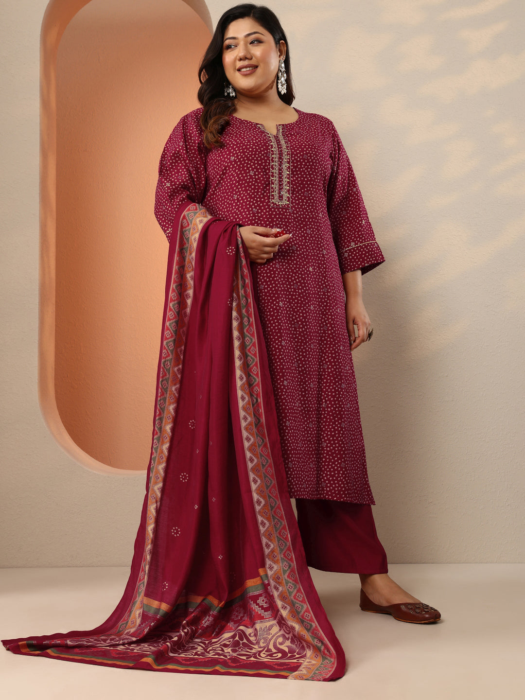 Plus Size Maroon Printed Silk Blend Straight Suit Set With Dupatta
