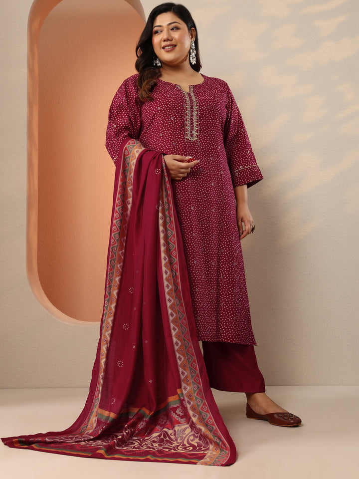 Plus Size Maroon Printed Silk Blend Straight Suit Set With Dupatta