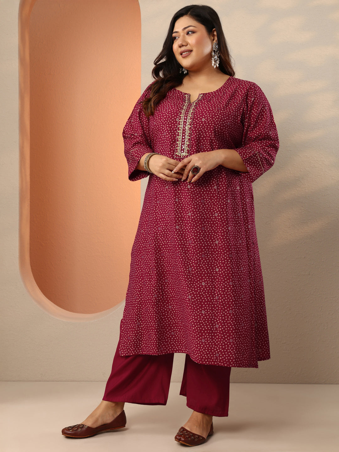 Plus Size Maroon Printed Silk Blend Straight Suit Set With Dupatta