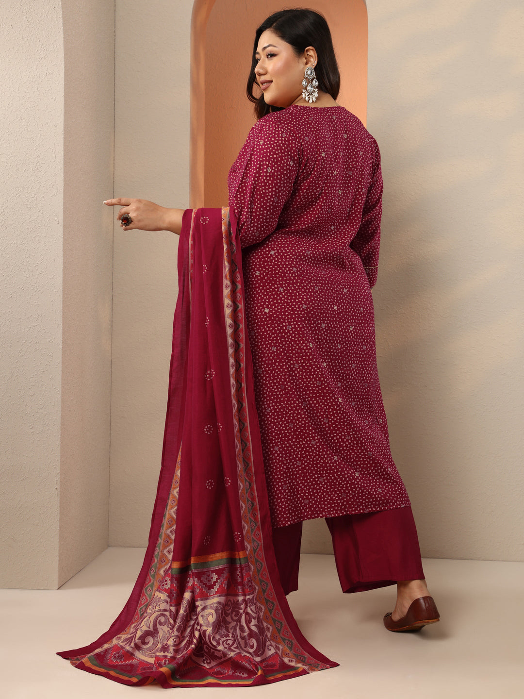 Plus Size Maroon Printed Silk Blend Straight Suit Set With Dupatta