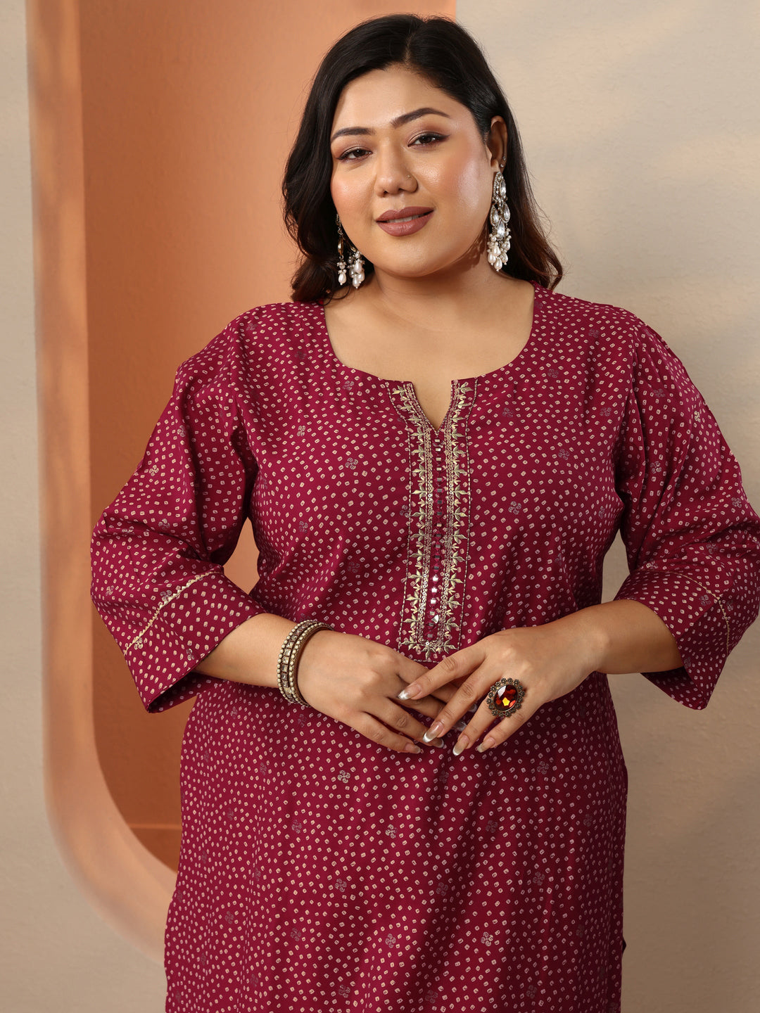Plus Size Maroon Printed Silk Blend Straight Suit Set With Dupatta