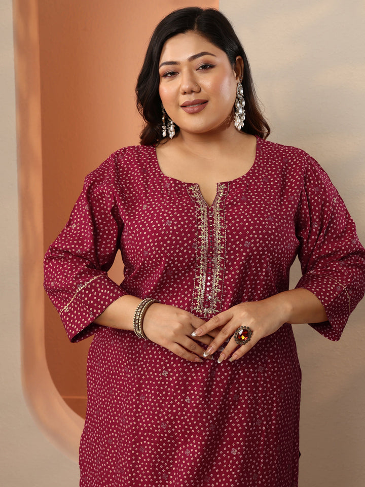 Plus Size Maroon Printed Silk Blend Straight Suit Set With Dupatta