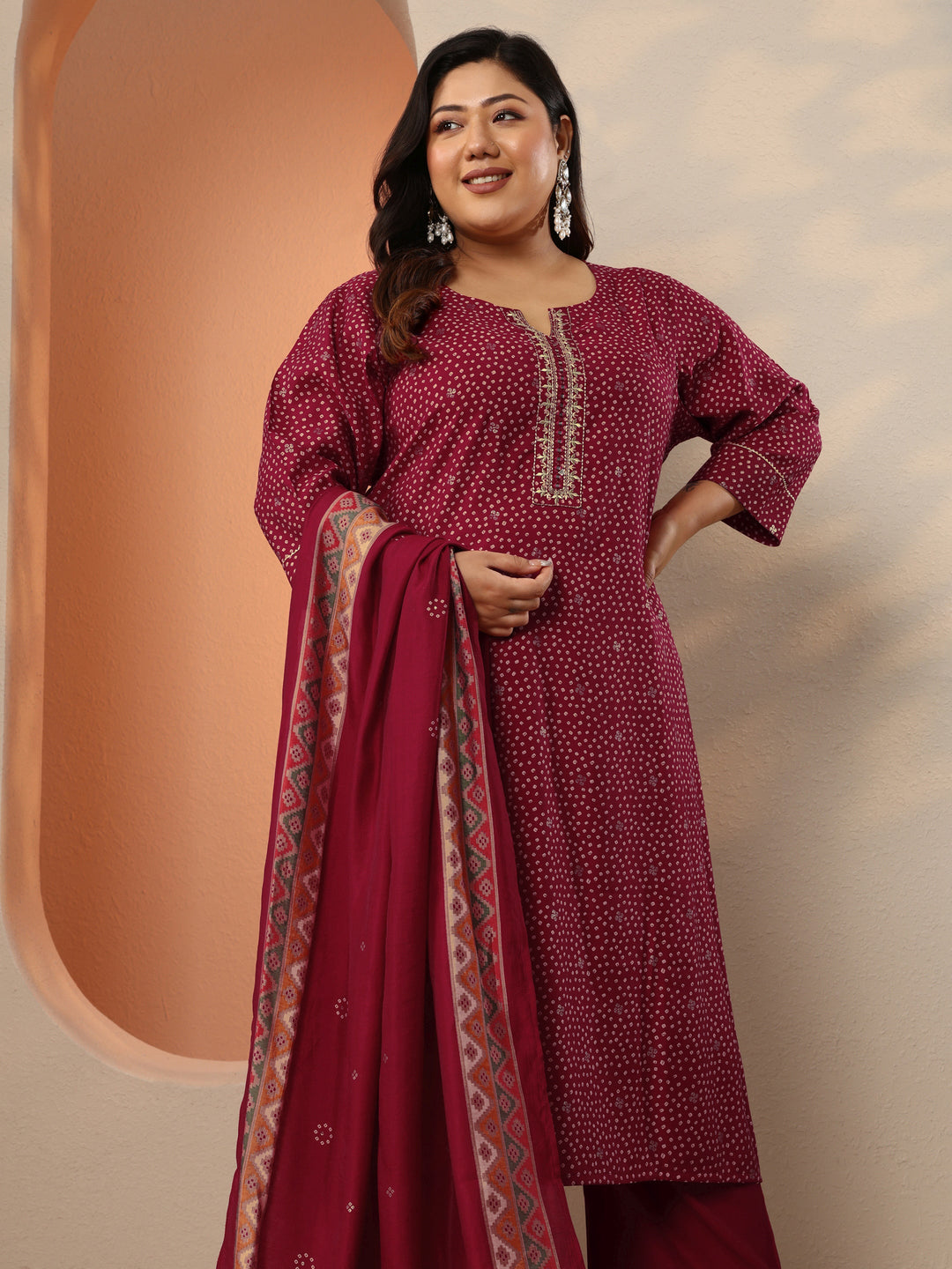 Plus Size Maroon Printed Silk Blend Straight Suit Set With Dupatta