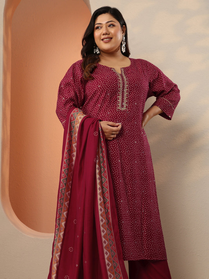 Plus Size Maroon Printed Silk Blend Straight Suit Set With Dupatta