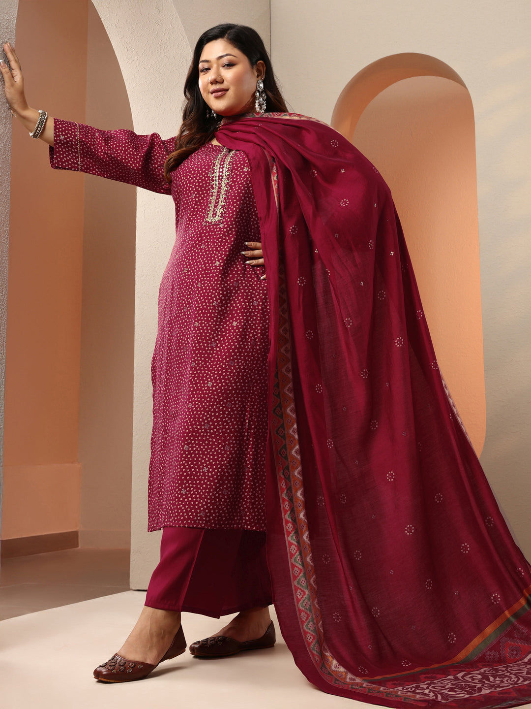 Plus Size Maroon Printed Silk Blend Straight Suit Set With Dupatta