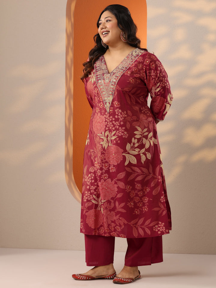 Plus Size Maroon Printed Silk Blend Straight Suit Set With Dupatta