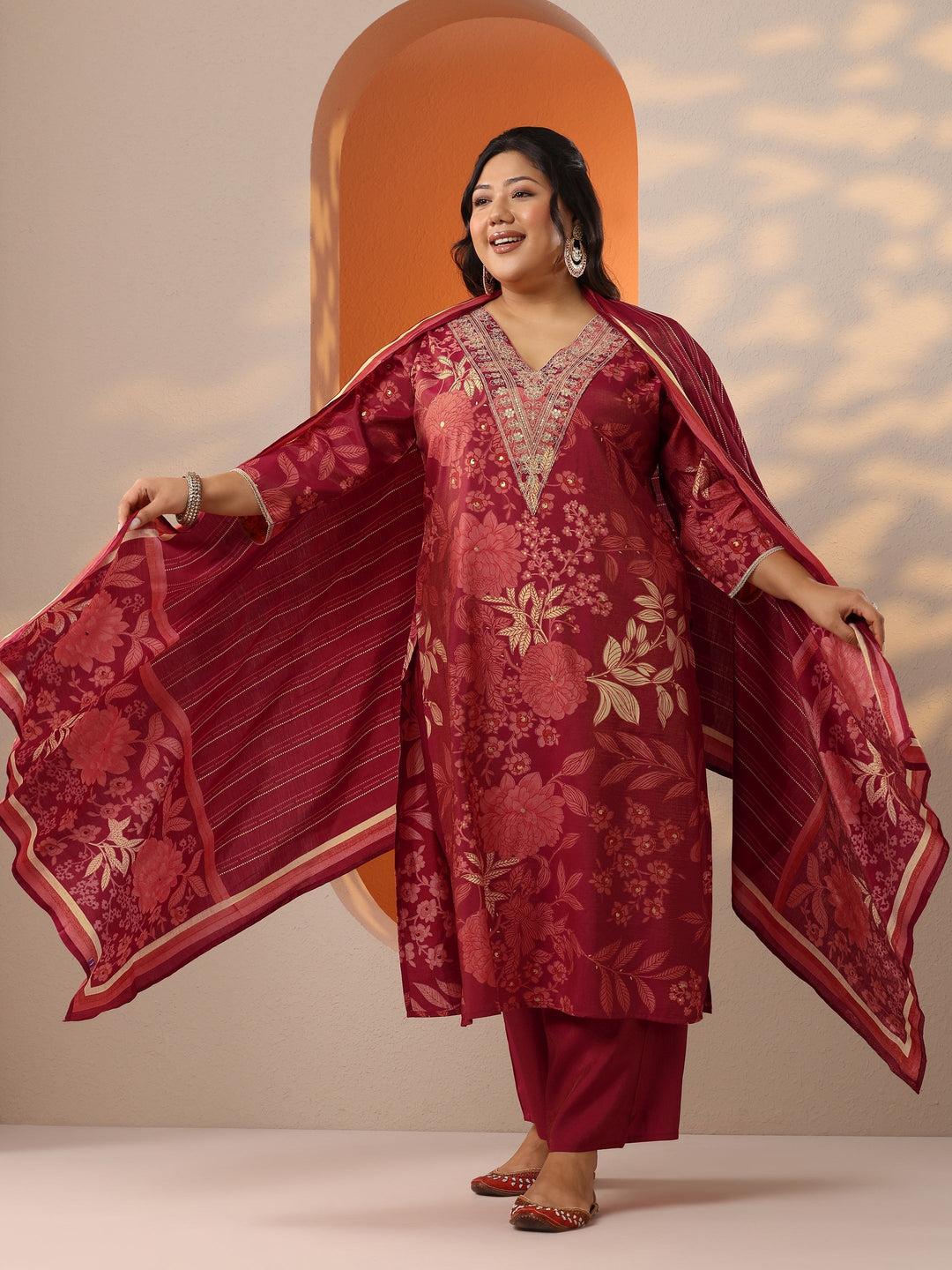 Plus Size Maroon Printed Silk Blend Straight Suit Set With Dupatta