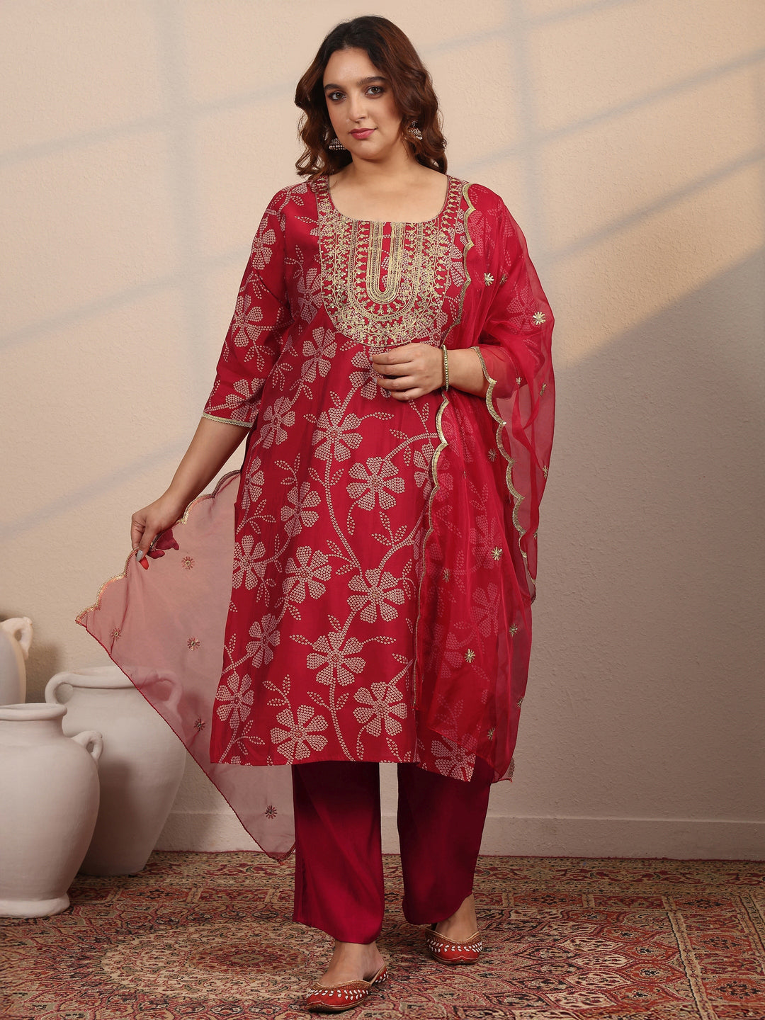 Plus Size Red Printed Silk Blend Straight Suit Set With Dupatta