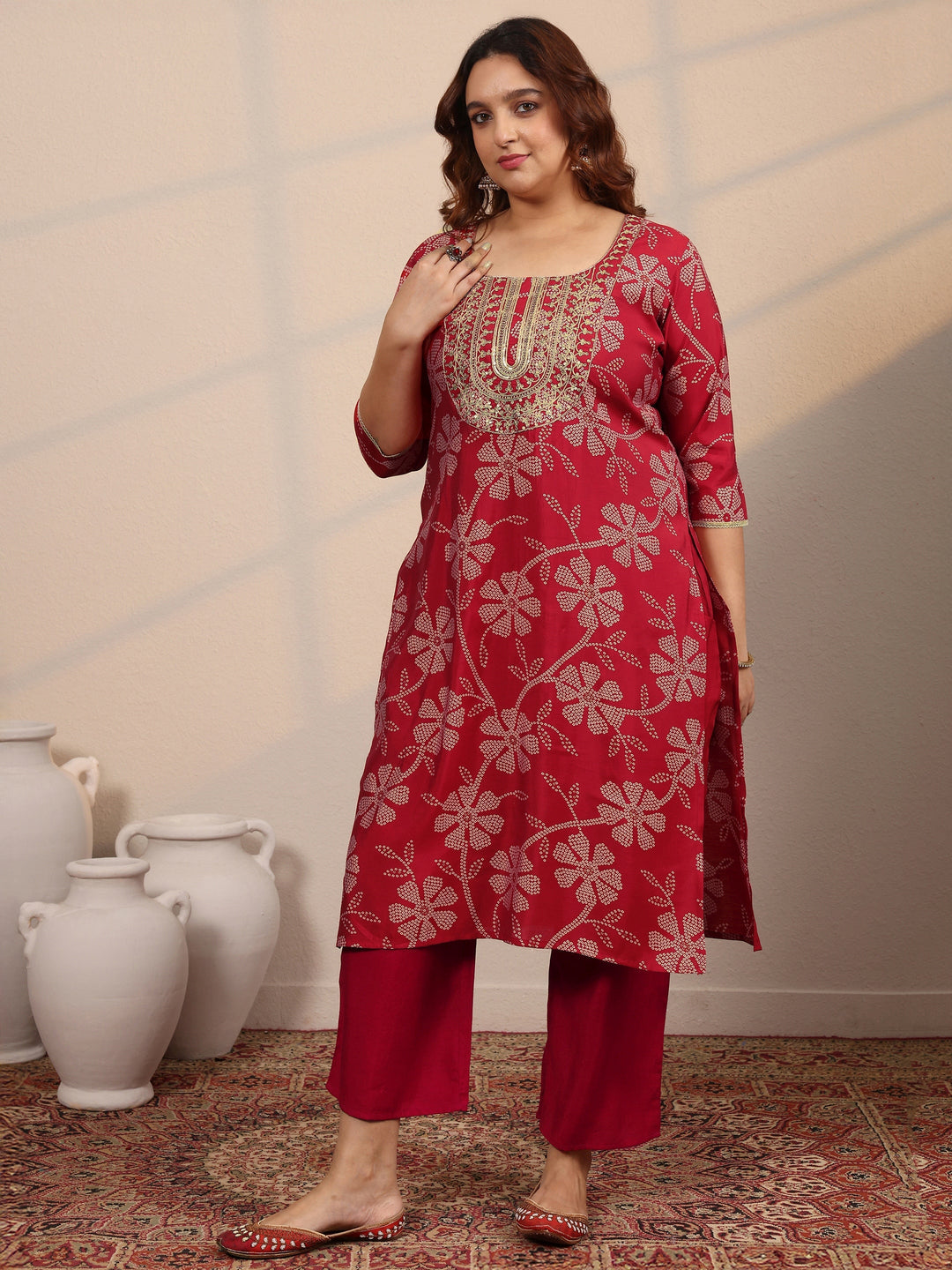 Plus Size Red Printed Silk Blend Straight Suit Set With Dupatta