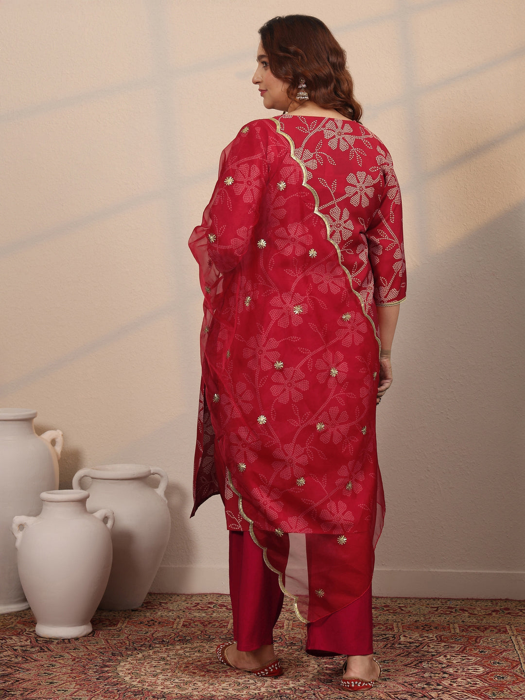 Plus Size Red Printed Silk Blend Straight Suit Set With Dupatta