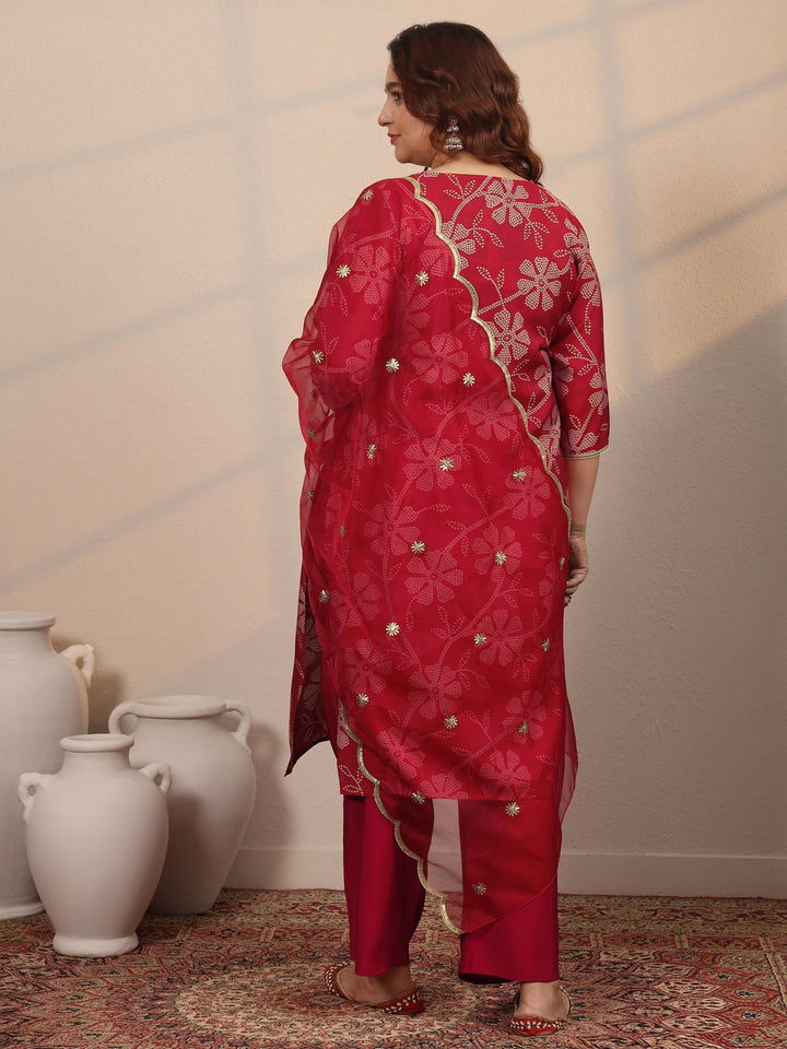 Plus Size Red Printed Silk Blend Straight Suit Set With Dupatta