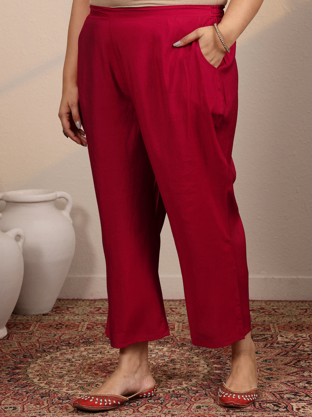 Plus Size Red Printed Silk Blend Straight Suit Set With Dupatta