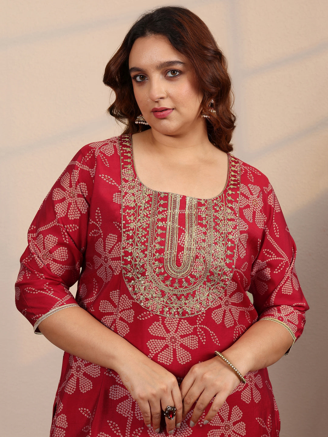Plus Size Red Printed Silk Blend Straight Suit Set With Dupatta