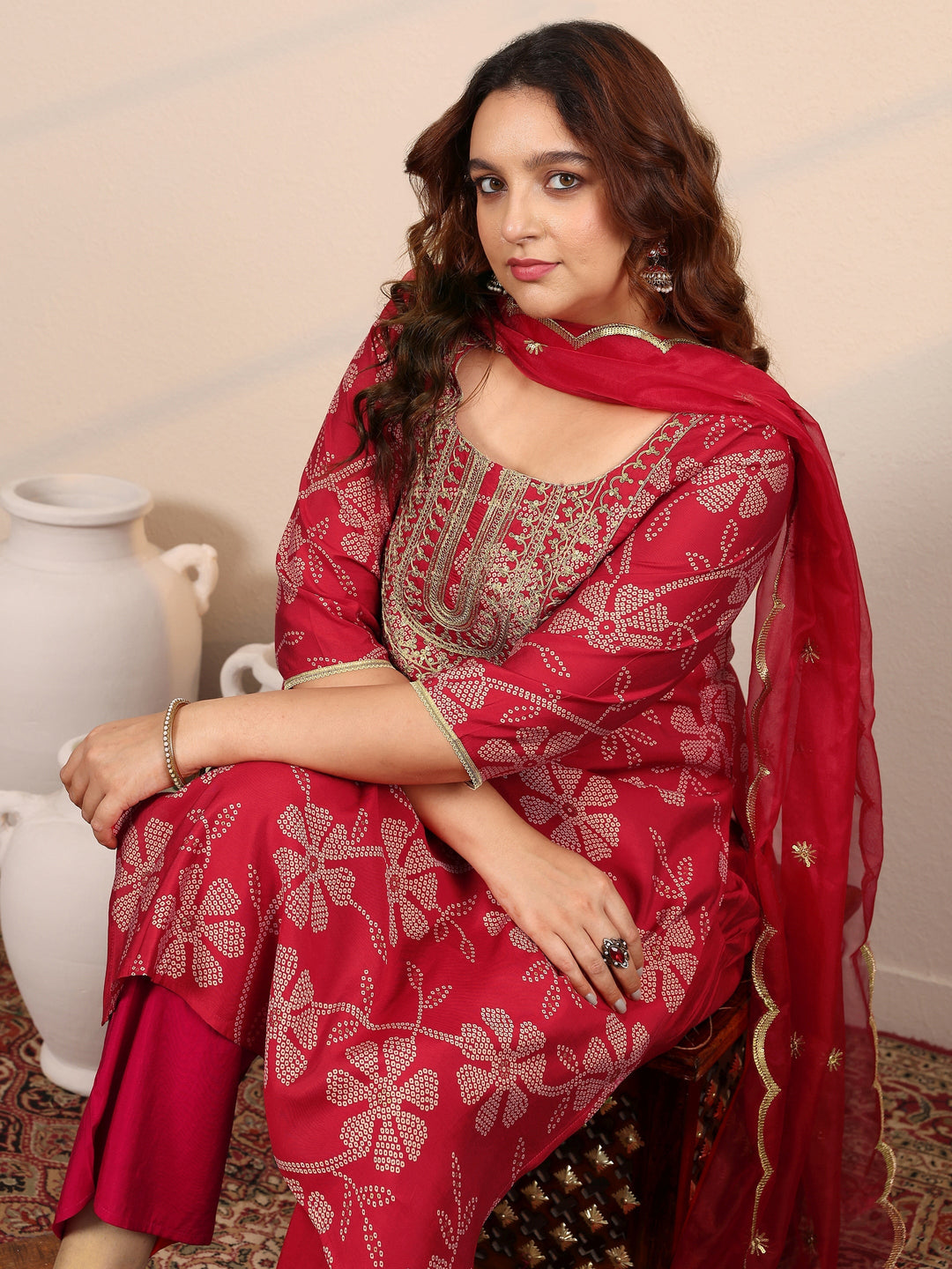 Plus Size Red Printed Silk Blend Straight Suit Set With Dupatta