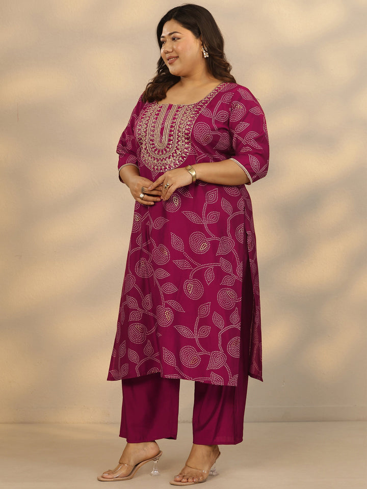 Plus Size Pink Printed Silk Blend Straight Suit Set With Dupatta
