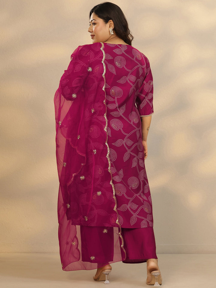 Plus Size Pink Printed Silk Blend Straight Suit Set With Dupatta