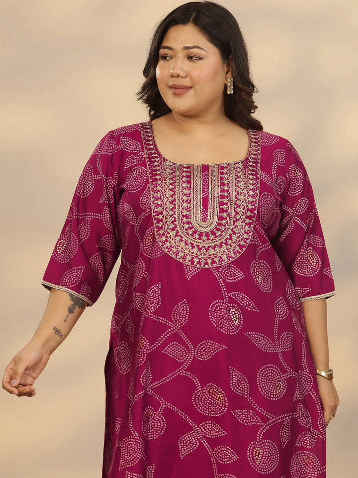 Plus Size Pink Printed Silk Blend Straight Suit Set With Dupatta