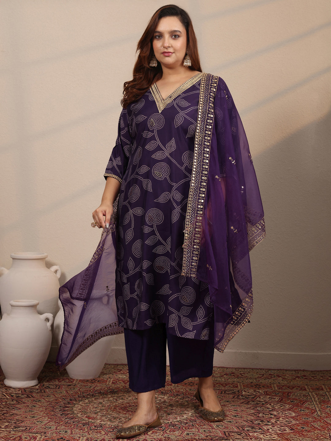 Plus Size Purple Printed Silk Blend Straight Suit Set With Dupatta