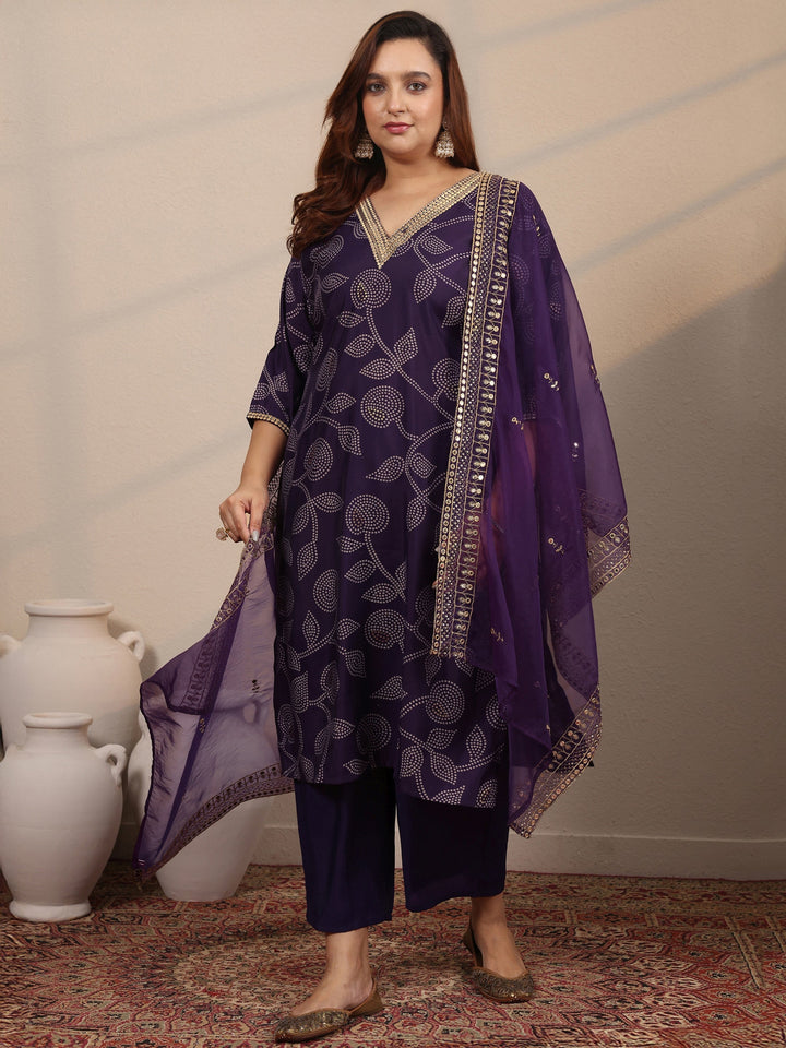 Plus Size Purple Printed Silk Blend Straight Suit Set With Dupatta