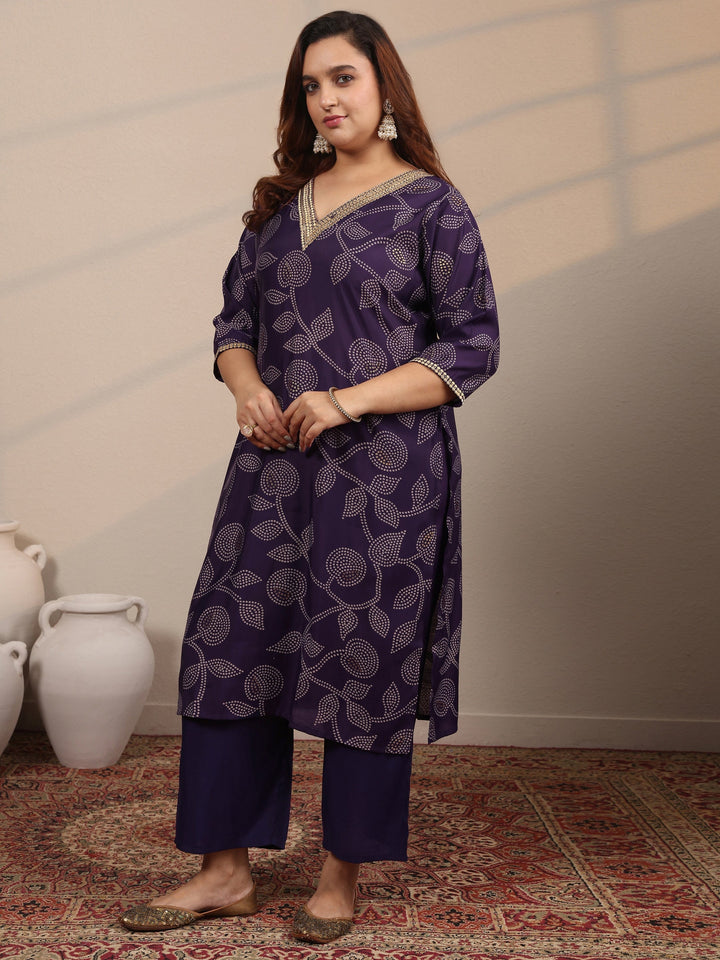 Plus Size Purple Printed Silk Blend Straight Suit Set With Dupatta