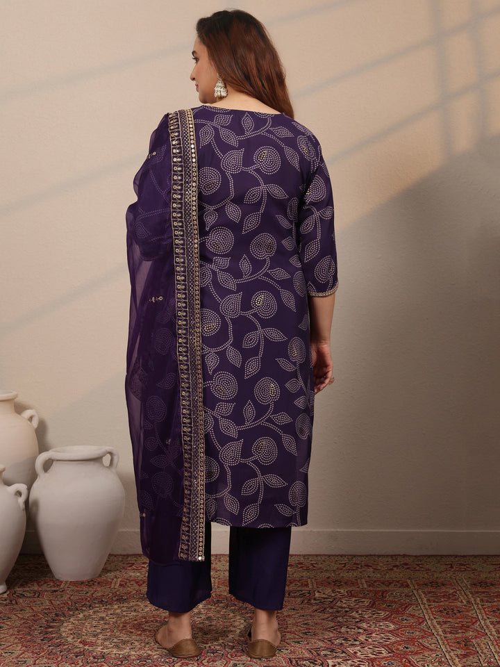 Plus Size Purple Printed Silk Blend Straight Suit Set With Dupatta