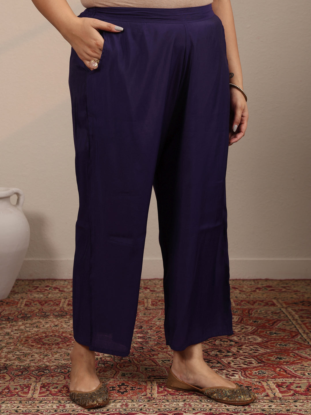Plus Size Purple Printed Silk Blend Straight Suit Set With Dupatta